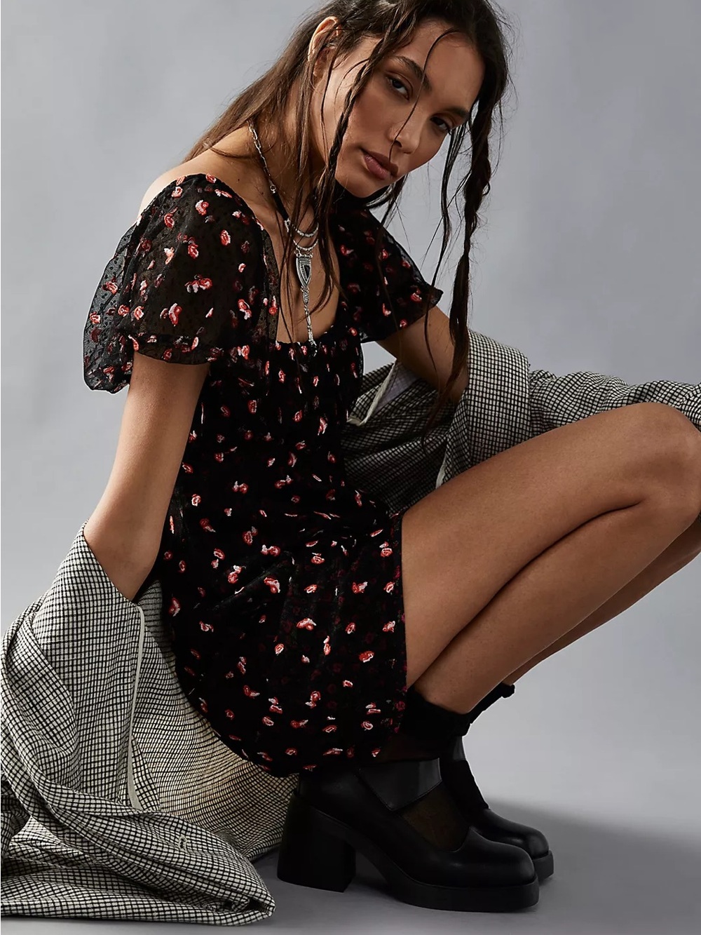 Free People Sugar and Spice Black Floral Mini Dress with Puff Sleeves Feminine